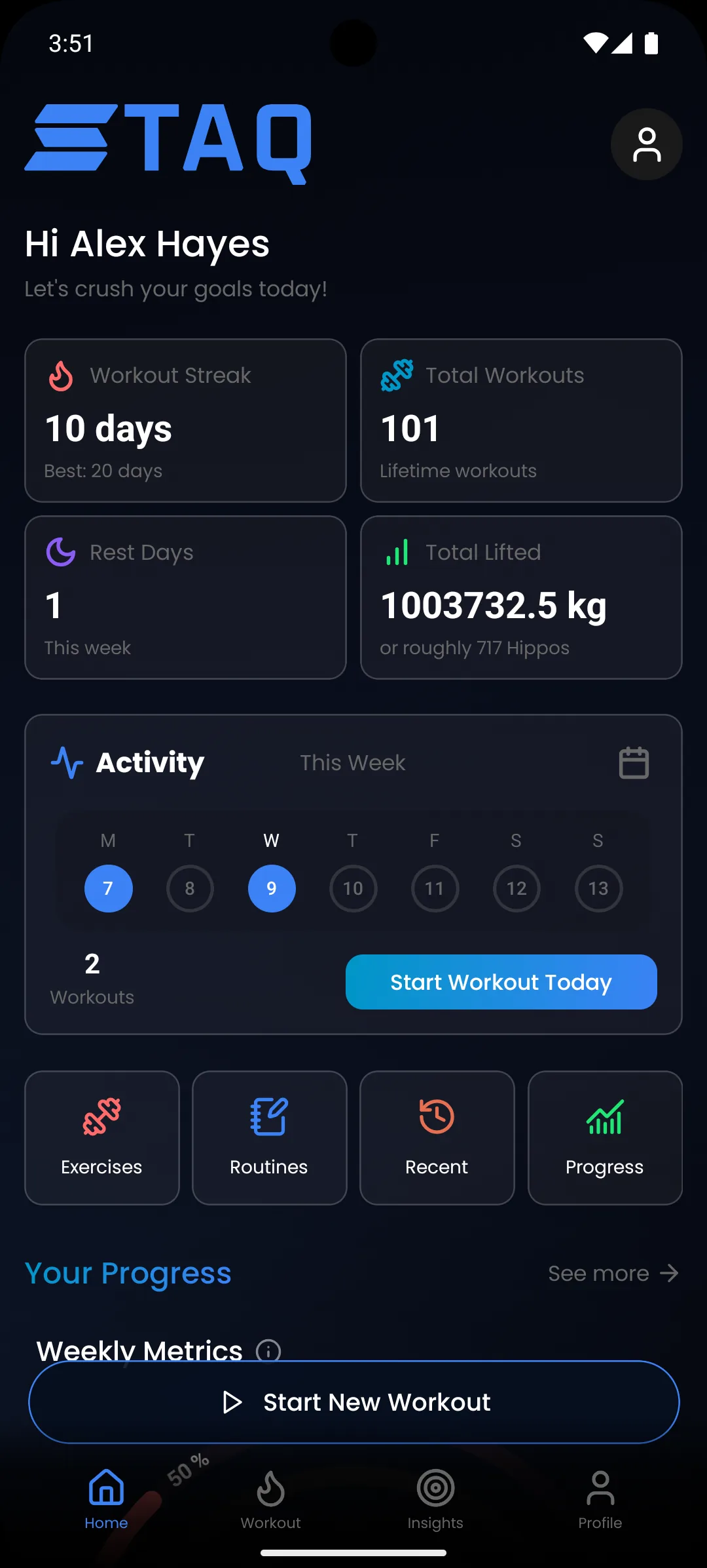 STAQ home screen showing workout activity and weekly progress rings